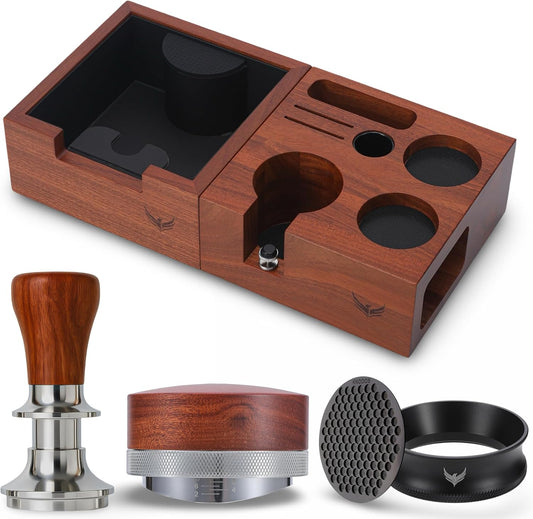 51mm Espresso Tool Kit – Calibrated Rosewood Tamper, Espresso Distributor, Magnetic Funnel with Puck Screen, Knock Box & Rosewood Tamping Station – For 51mm Espresso Machines
