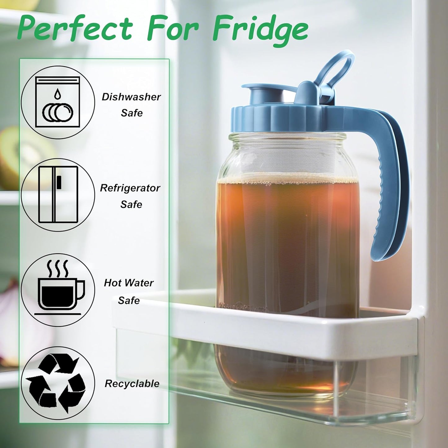 Mason Jar Pitcher With Stainless Steel Filter 64 OZ 2 Pack Wide Mouth Cold Brew Coffee Maker 2 Quart Glass water pitcher with lid Half Gallon Cold hot Tea maker For Lemonade Milk Juice Refrigerator