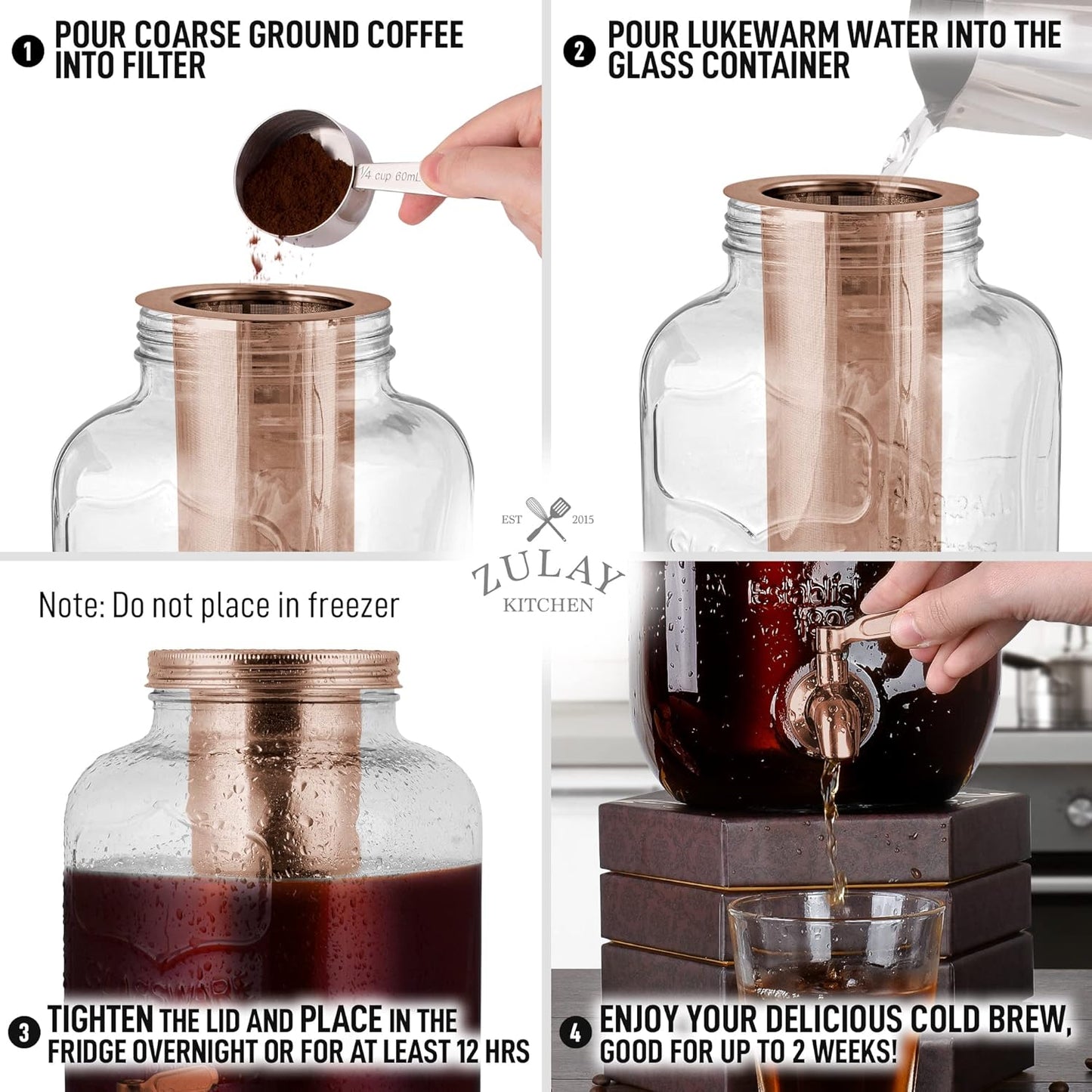 Zulay Kitchen 1 Gallon Cold Brew Coffee Maker - Large Iced Tea & Cold Brew Pitcher with Extra-Thick Glass & Stainless Steel Infuser - Drink & Beverage Dispenser Jar with Airtight Lid & Spout Rose Gold