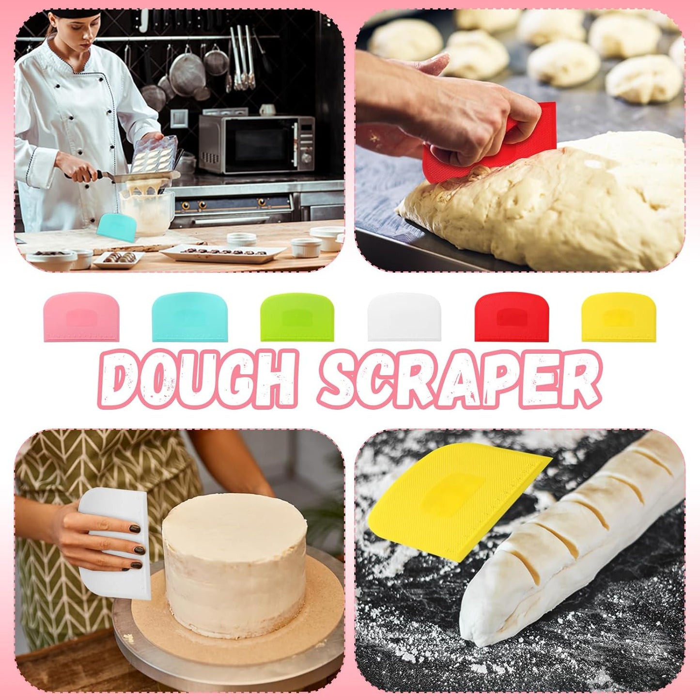 Uiifan 24 Pcs Plastic Bench Scraper with Scale Flexible Dough Multipurpose Cake Cutter Pizza Dough Spatula Food Scraper Tool Gift for Bread Pastry Fondant Icing, 6 Colors