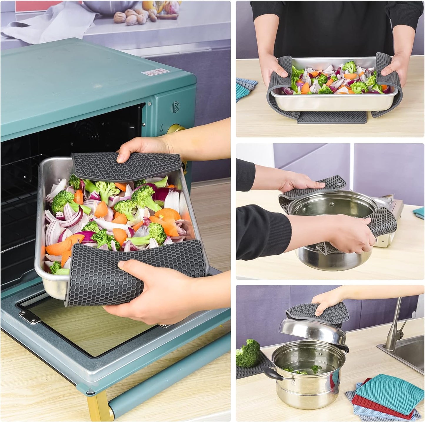 Silicone Trivets Mats, Hot Pads for Pot Holder, Square Trivets for Dishes, Pots and Pans, Multi-Purpose Kitchen Counter Pads, Non-Slip Heat Resistant Mats Set 4 Red