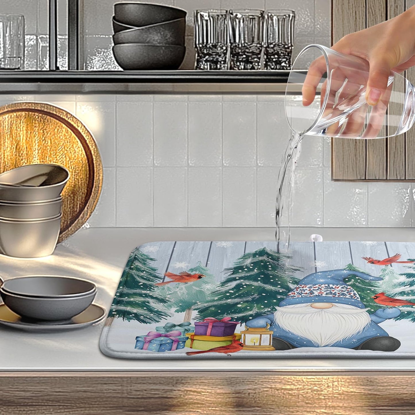 Winter Gnome Dish Drying Mat Christmas Tree Snowman Large Kitchen Mats Dish Drying Pad Bird Absorbent Dish Dryer Mat for Kitchen Countertops Microfiber Drainer Pad Dish Drying Mats (18x24 in)
