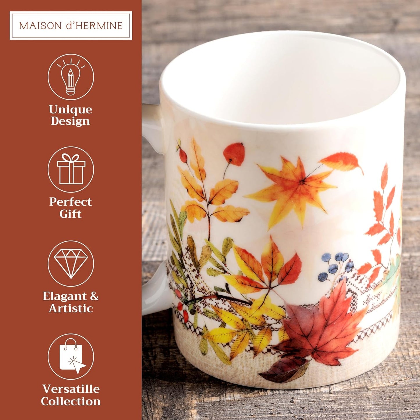 Maison d' Hermine Coffee Mug with Handles Fine Bone China Mugs Pack of One Tea Cups for Hot Beverages Cappuccino Latte Home Restaurant Office Perfect for Gift (Amarante - Charmille, 15 Ounce)