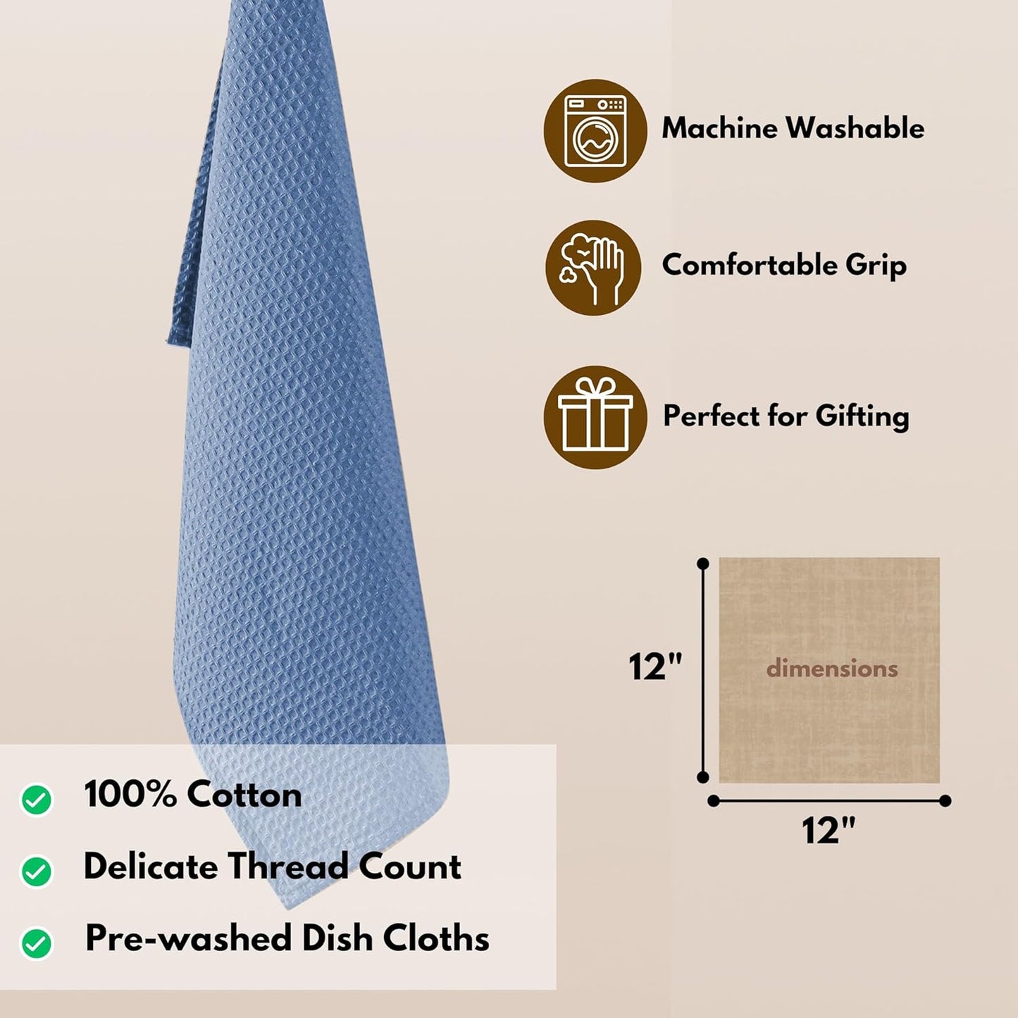 Native Fab 6 Pack Waffle Dish Cloths - 100% Cotton, Absorbent, Fast Dry & Soft Towels for Cleaning, Cooking & Drying Dishes - Perfect for Home, Restaurants, Cafes, Bar, 12x12 inch- Sky Blue