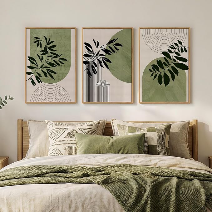 Framed Boho Botanical Wall Art for Living Room, 3 Piece Modern Green Bohemian - Image 4