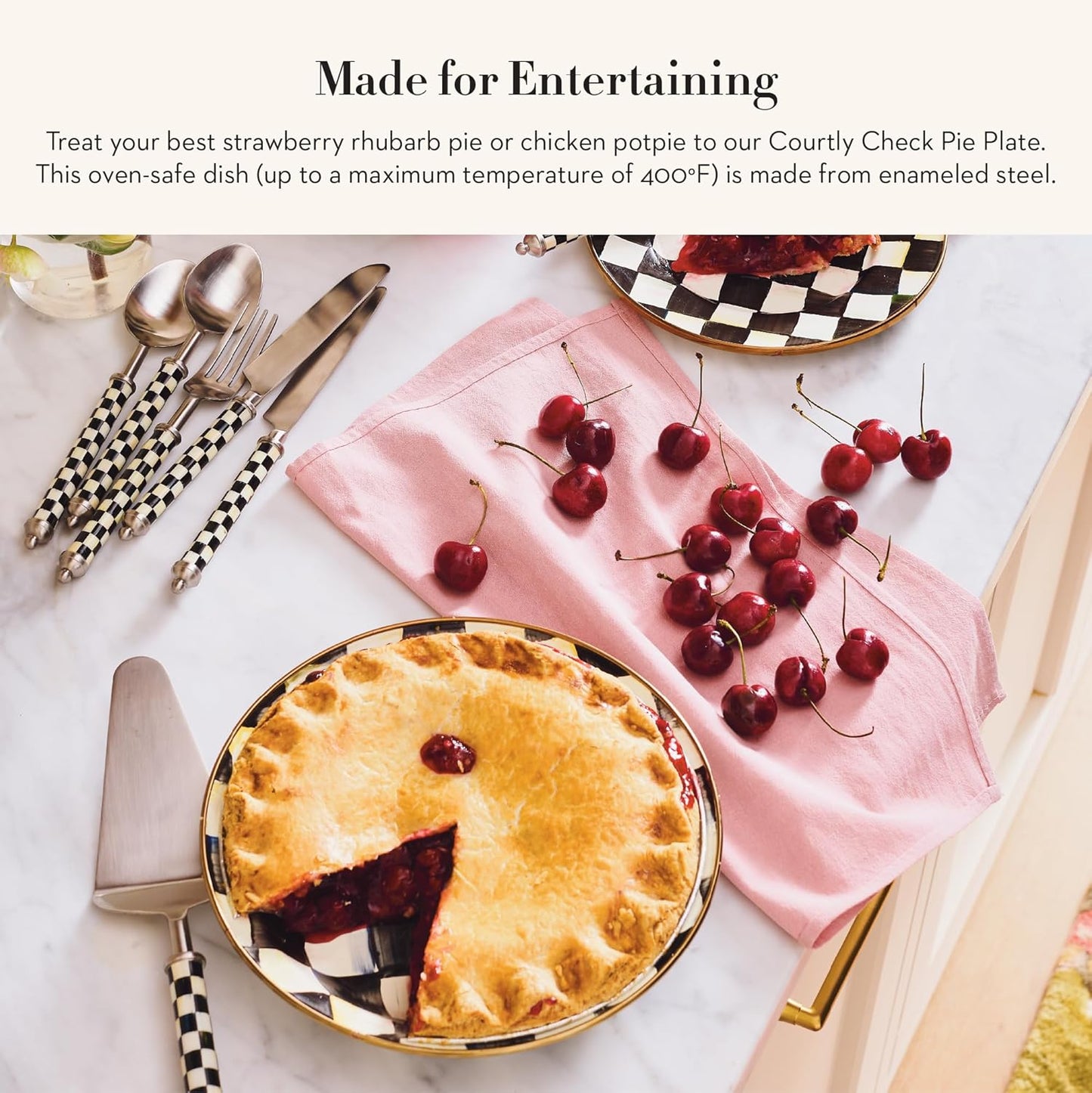 MACKENZIE-CHILDS Enamel Pie Plate, Ovenproof Pie Pan for Cooking and Serving, Black-and-White Courtly Check