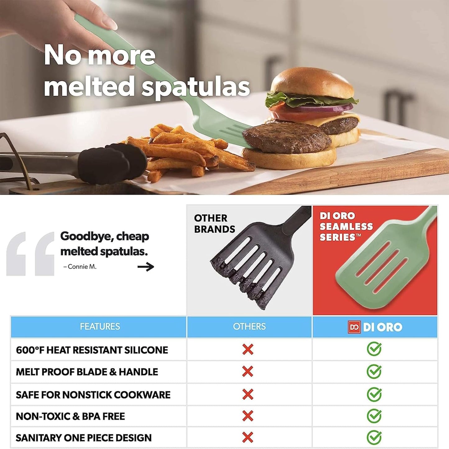 New DI ORO Silicone Turner Spatula Set - Kitchen Spatulas for Nonstick Cookware - Cooking Utensils for Flipping Eggs & Pancakes - 600°F Heat-Resistant BPA Free Turners - Dishwasher Safe (4pc, Sage)