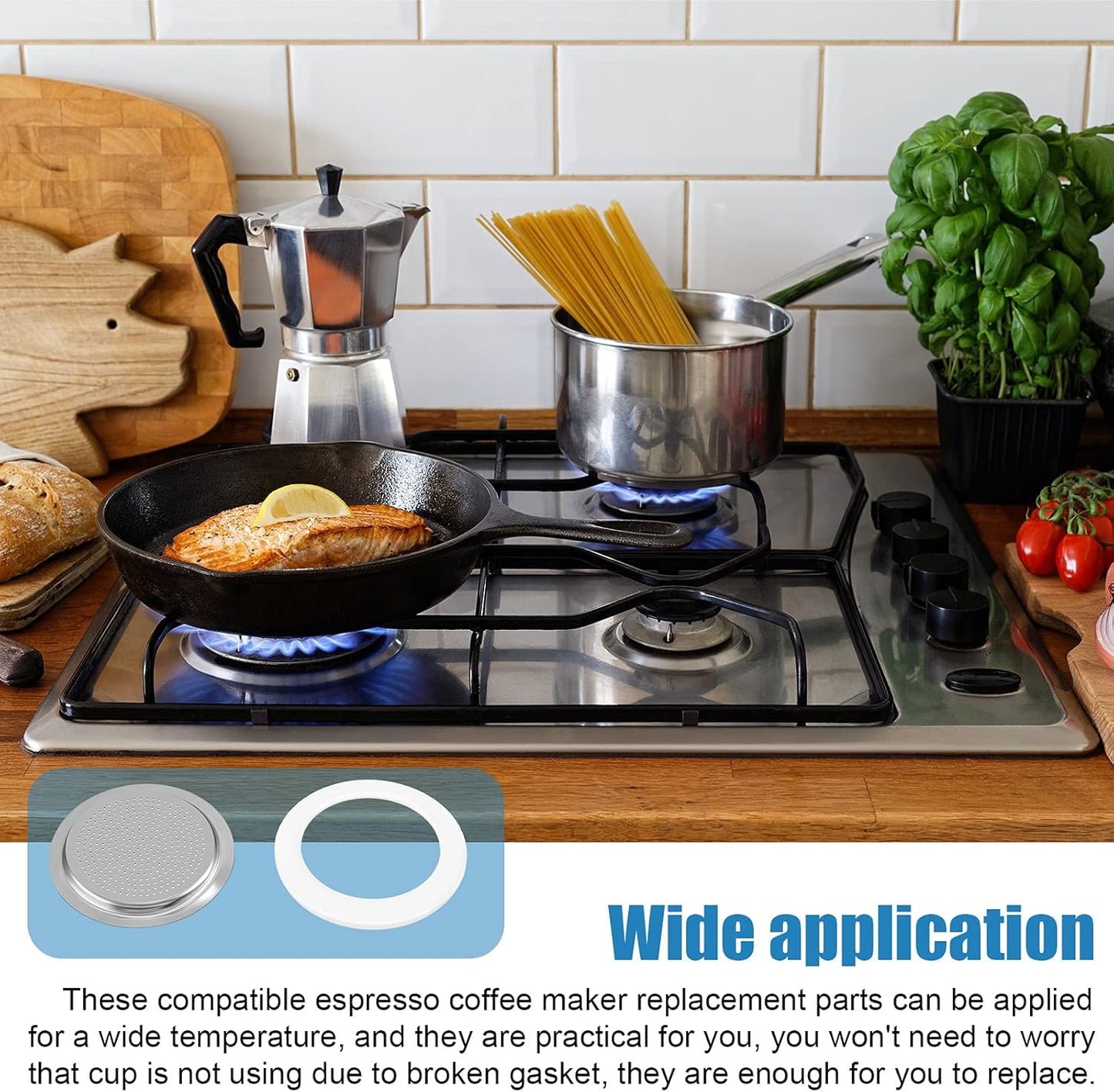 6 Pieces Moka Pot Replacement Cup Gasket with 2 Pcs Stainless Filter Silicone Moka Express Replacement Seals Funnel Kits Compatible Espresso Coffee Maker Parts(3-cup)