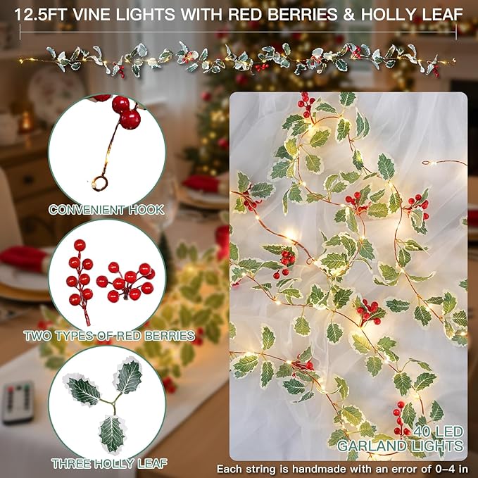suddus 40 LED Christmas Fairy Lights Battery Powered, 12.5ft Vine String Lights - Image 3