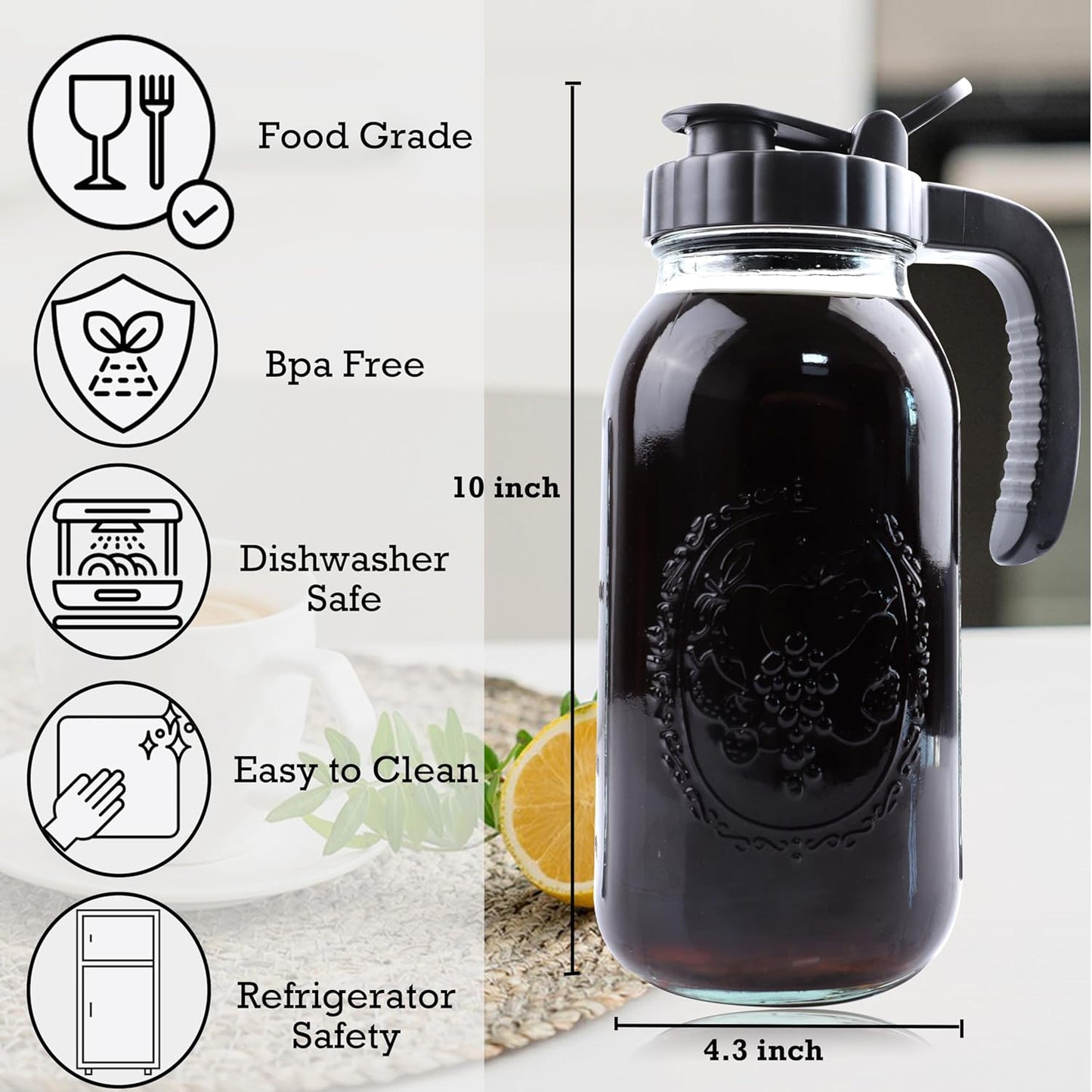 Cold Brew Coffee Maker Half Gallon 2 Set Glass Mason Jar Pitcher With Spout Lid Filter 2 Quart Wide Mouth Iced Tea Brewing Jug Heavy Duty Handle Airtight & Leak-Proof Pitcher For Fridge Sun Tea 64 OZ