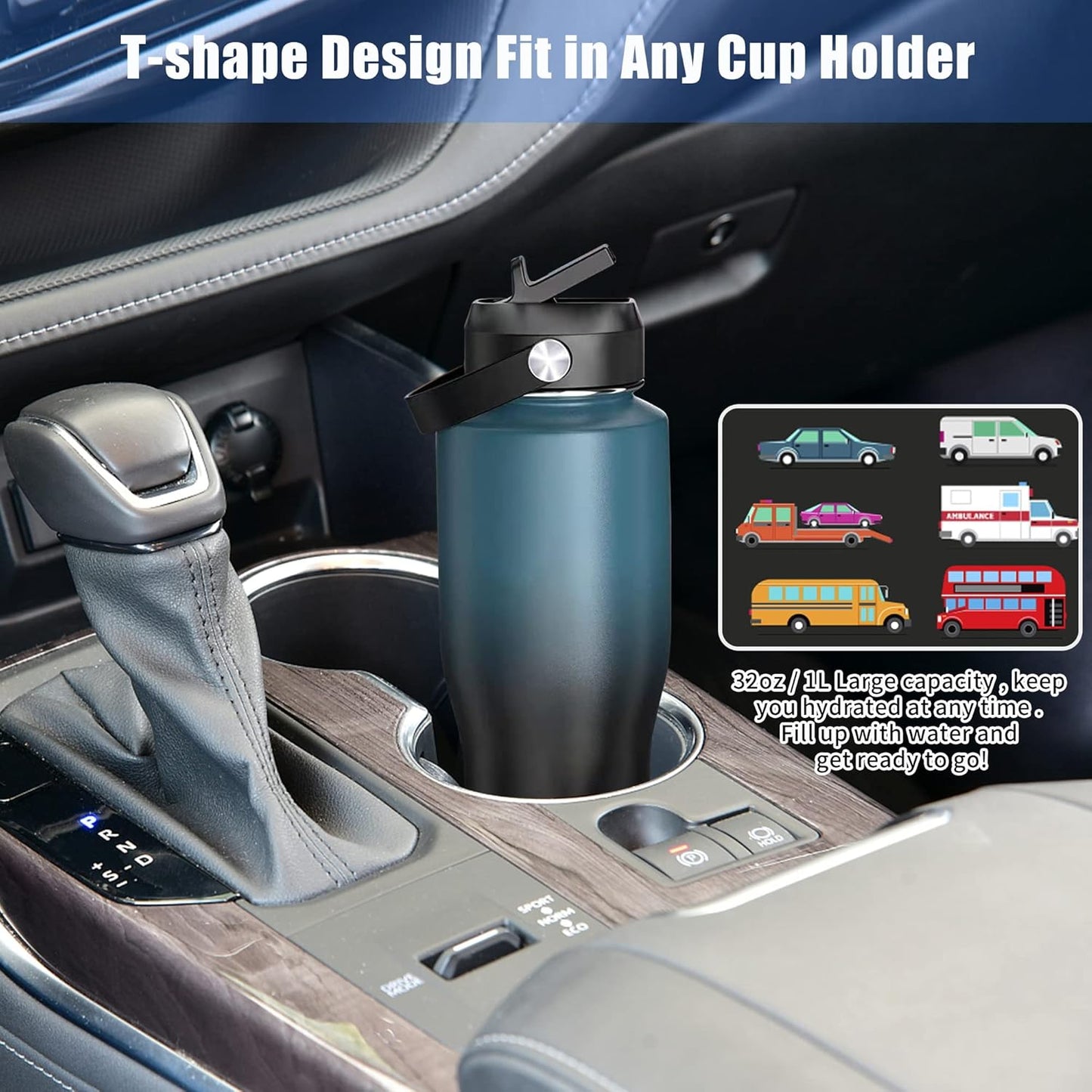 HYDROWION Vacuum Insulated Water Bottle, 40 oz Water Bottle fits in Car Cup Holder (Cold 48 hrs, Hot 24 hrs),Insulated Drinking Bottle with Straw Lid, Spout Lid and Flex Cap, Leakproof Travel Thermos