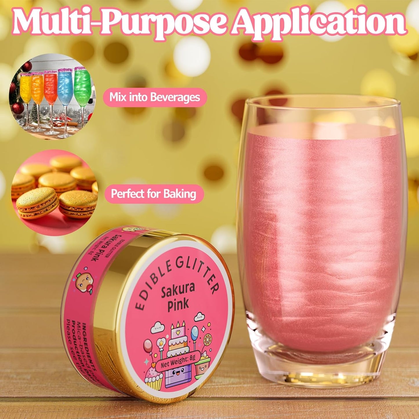 Nomeca Edible Glitter for Drinks Cakes, 8 grams Food Grade Luster Dust Sprinkles Glitter for Cake Decorations, DIY Cocktails, Beverages & Cake Decorating, Dessert Cake Topper (5-Sakura Pink)