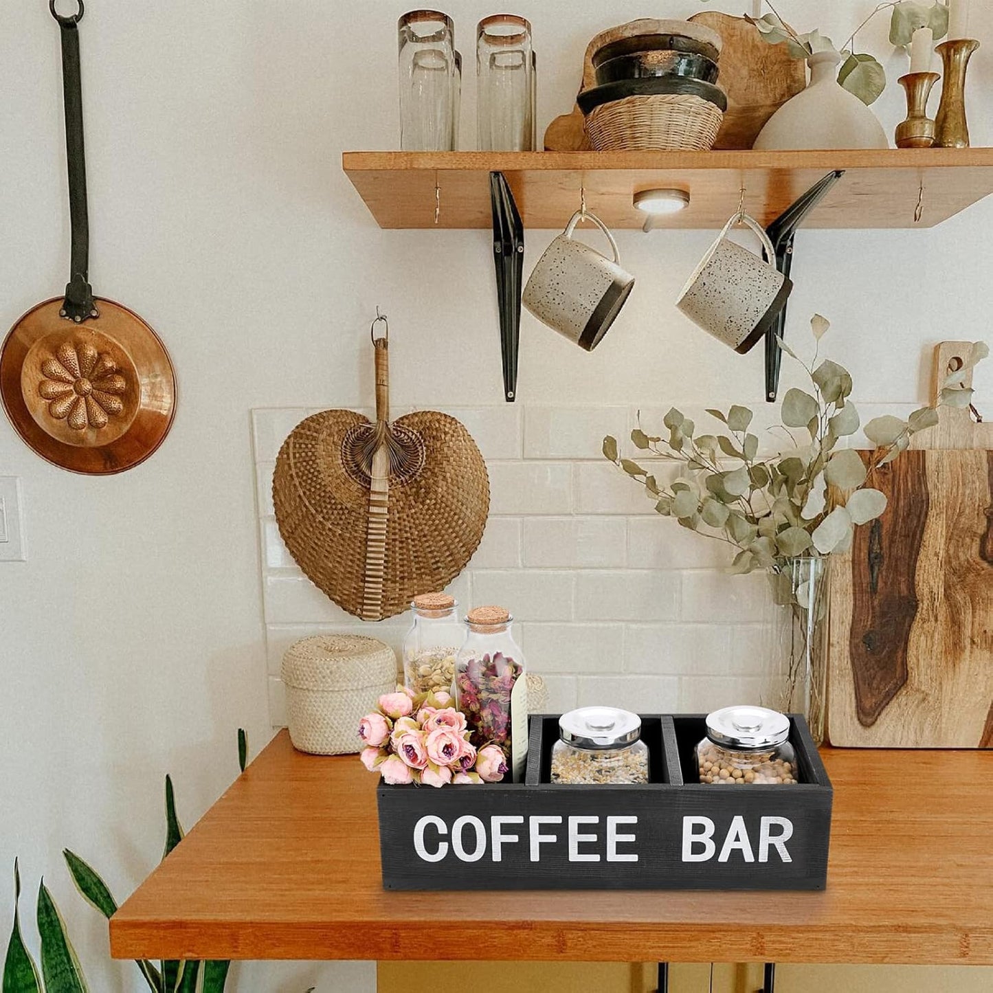 ELLDOO Coffee Bar Wooden Storage Box with Removable Grids, Station Organizer Pod Holder, Rustic Coffee Accessories for Counter, Farmhouse Kitchen, Black