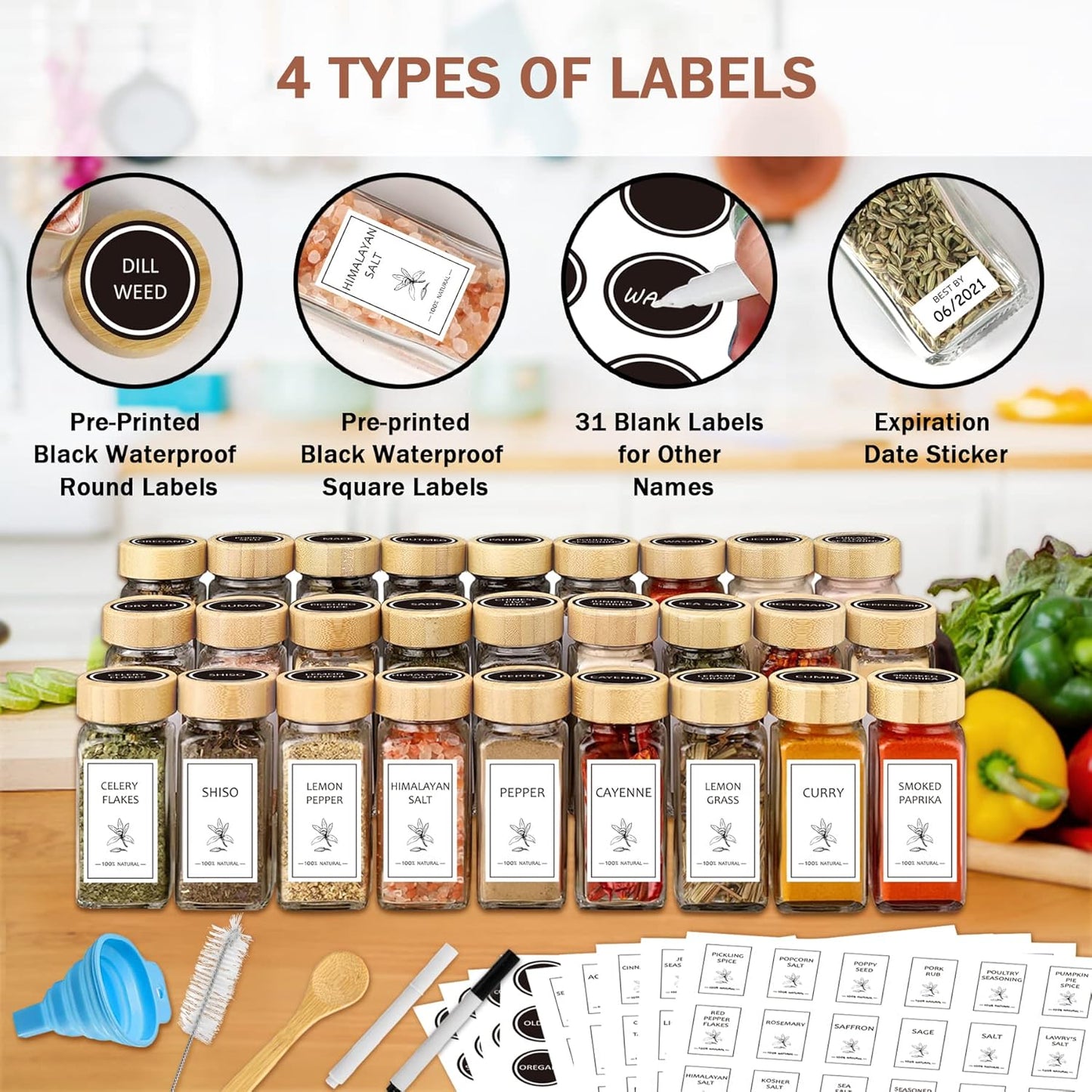 Aliggbent Spice Jars with Lable, 36 Pcs 4 oz Glass Spice Jars with Bamboo Lids, Spice Containers Bottles, Glass Seasoning Jars with Shaker Lids, Collapsible Funnel, for Spice Racks, Pantry,Cupboard
