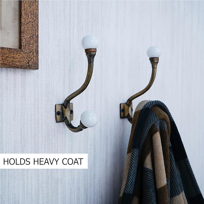 Indian Shelf Pack of 6 Heavy Duty Double Prong White Decorative Coat Hooks - Image 2