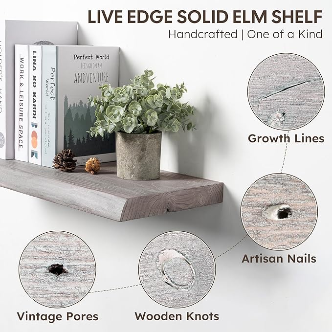 Live Edge Floating Shelves Set of 2, 24 Inch Solid Elm Wood Wall Shelves - Image 4