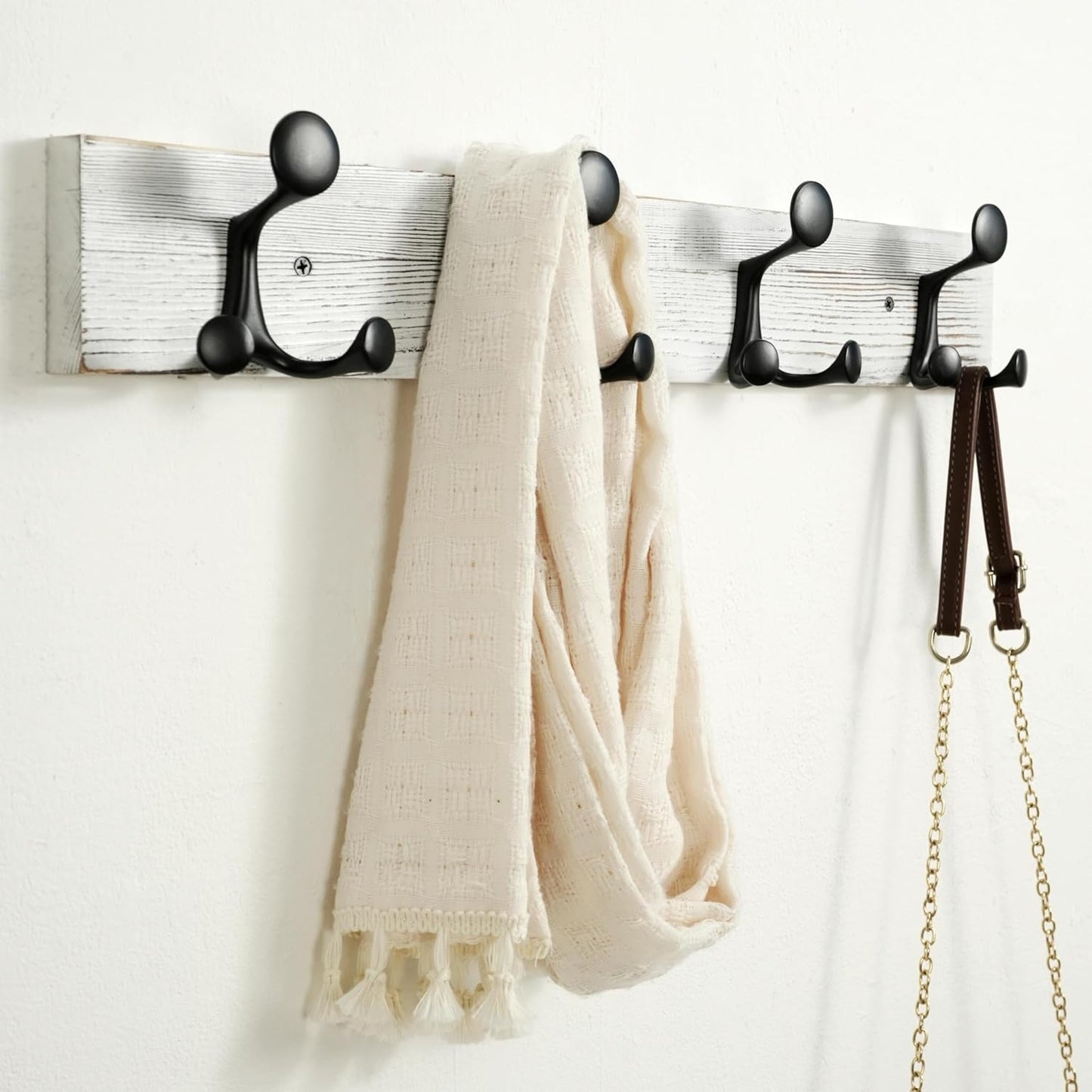SKOLOO 24-Inch Wood Coat Rack Wall Mount with 4 Triple Hooks - Ideal for Family Entrances, Classrooms, and Pet Supplies Storage - Perfect Coat Hooks for Wall,Distressed White Wash