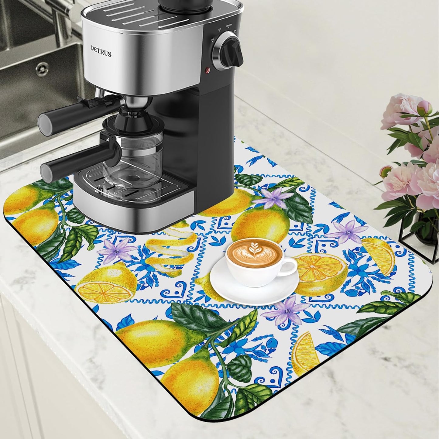 Lemon Fruit and Purple Flower Coffee Mat Absorbent Dish Drying Mat for Kitchen Counter Hide Stain Rubber Backed Coffee Bar Accessories Fit Under Espresso Machine Dish Drainer, 11.8 x 19.7 Inch