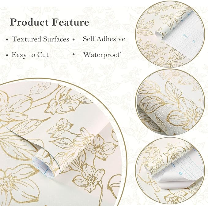 Ismoon Floral Wallpaper Peel and Stick Vintage Flower Beige and Gold Contact - Image 2