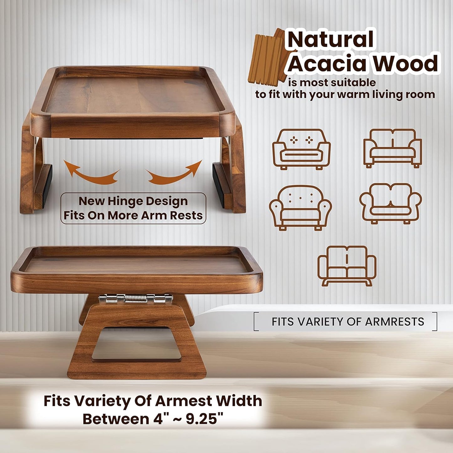 Tinamo Acacia Couch Arm Table - Wooden Sofa Armrest Tray - Clip-on Tray for Wide Couch - Side Table for Eating & Drink (Acacia)