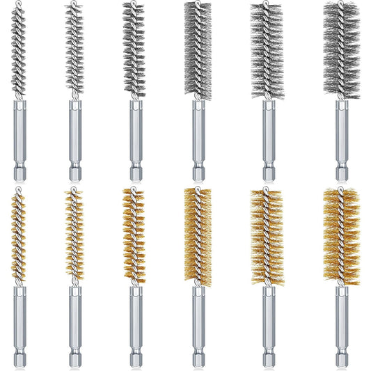 12 Pieces Bore Brush for Drill Wire Bore Brush Set Wire Cleaning Set Stainless Steel Cleaning for Power Drill Impact Driver (Stainless Steel,Brass)