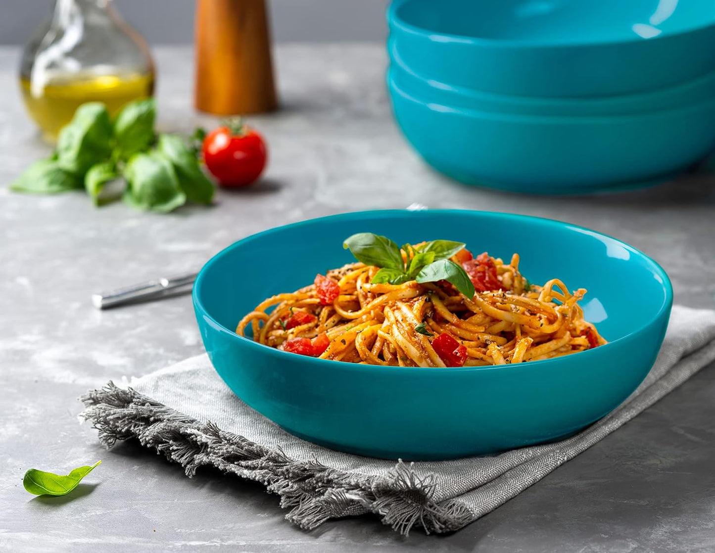 KooK Pasta Bowl, Salad Bowls, Soup, Serving Bowls, Ceramic, Large Capacity, Microwave & Dishwasher Safe, Set of 4, 40 Oz,(Ocean Blue)