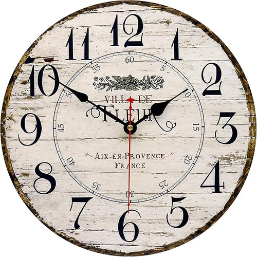 14 Inch Retro Vintage French Country Style Round Wooden Wall Clock Silent by Toudorp