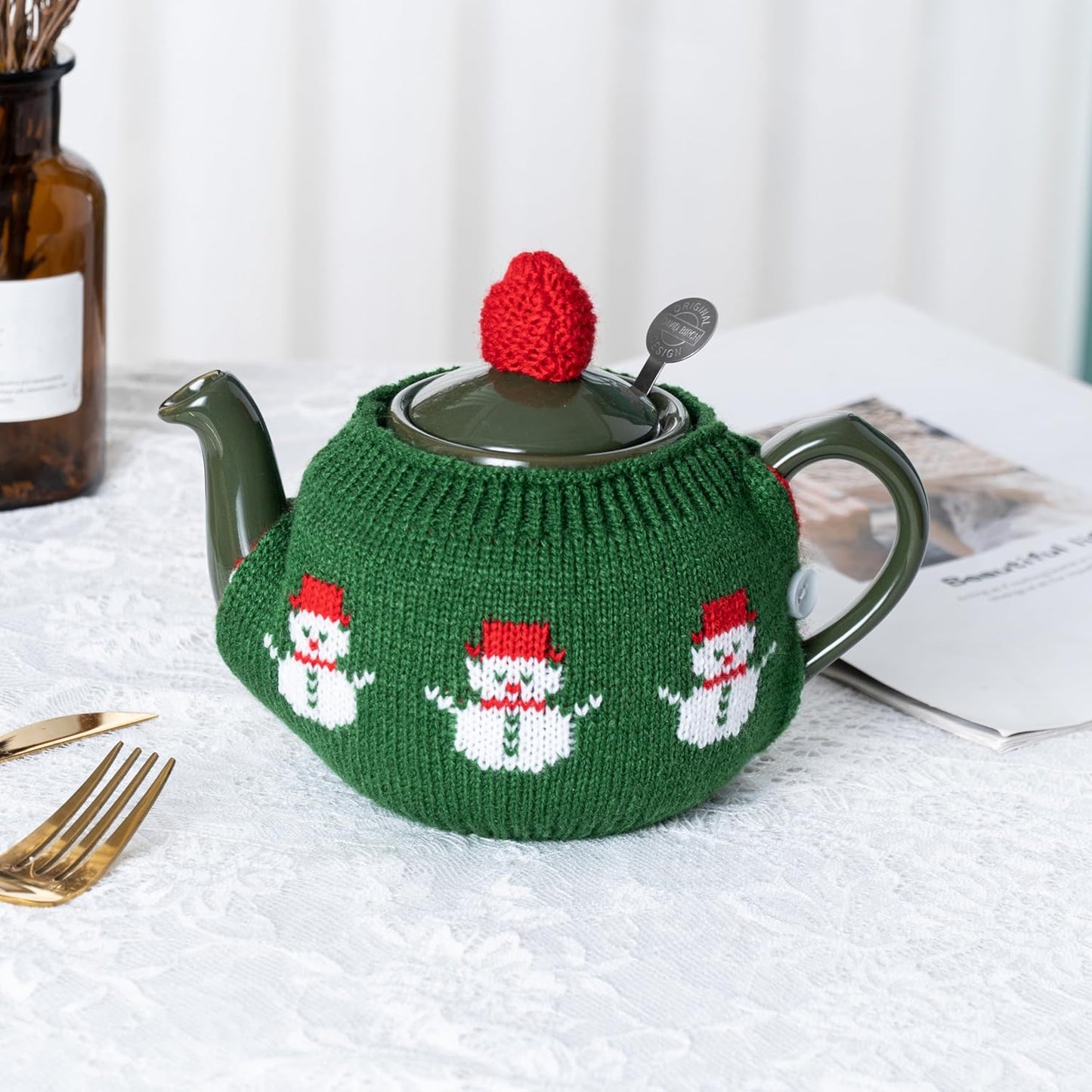 Tea Cozy Suitable for a 600ml,20oz Tea Pot,Teapot Warmer -100% Acrylic Fibers Filling,Two Piece (Green Snow Man)
