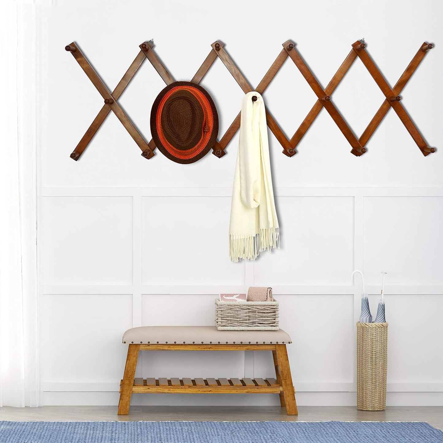 Dseap Accordian Wall Hanger: 16” High Wooden Wall Expandable Coat Rack, Hat Rack Holder, Accordion Hook for Baseball Caps, Coats, Mugs, 17 Peg Hooks, Brown