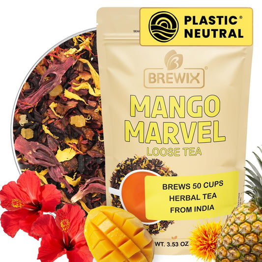 BREWIX, Mango Marvel Herbal Loose Tea (50+ Cups) | Made with Hibiscus, Mango, Pineapple, Orange Peel, Strawberry | Non-Caffeinated | Make Hot or Iced | Resealable Pouch