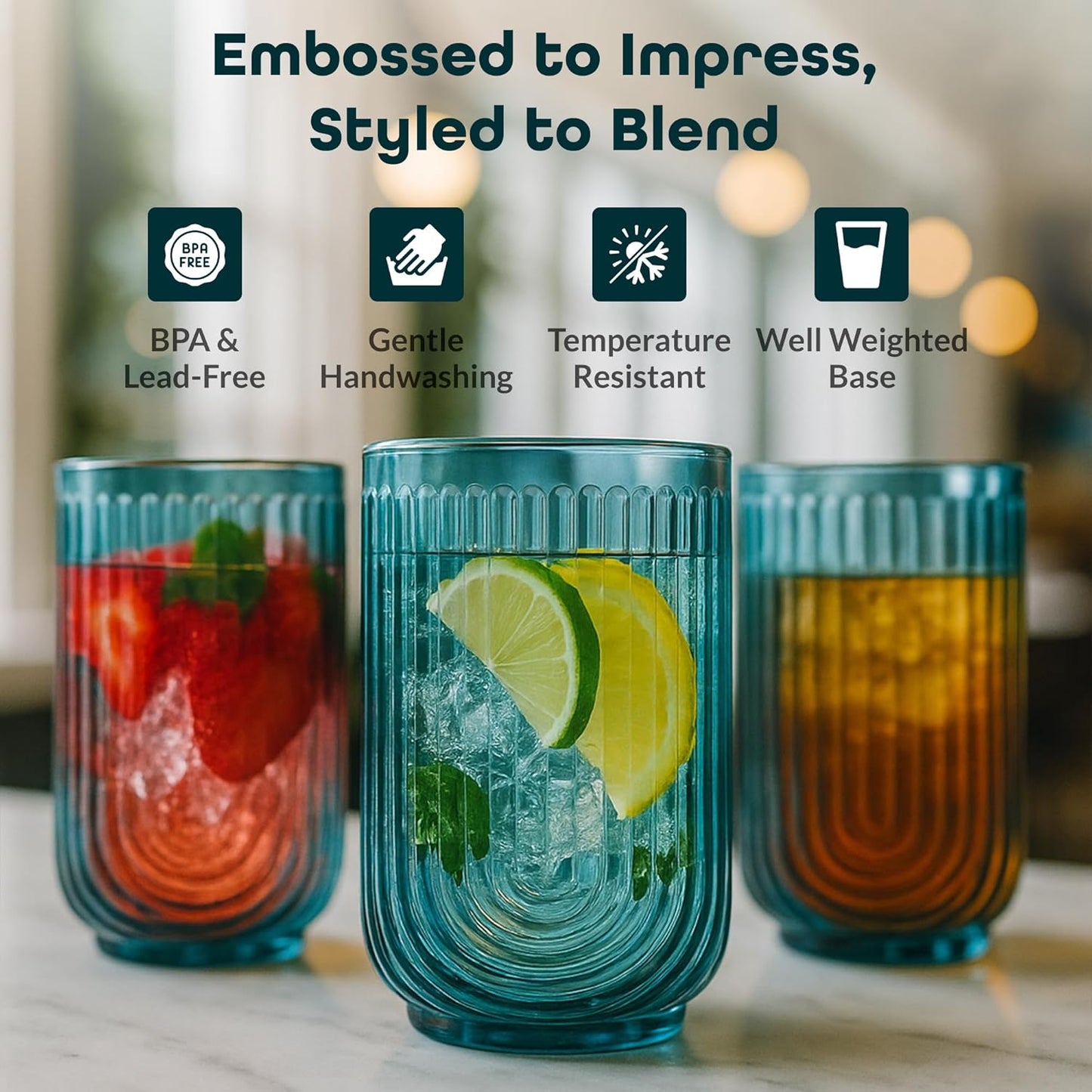 Glaver's Vintage Glassware Art Deco Highball Glasses Set of 4 Blush Ribbed Drinking Glasses 17 Oz U-Shape Arch Design Colored Cocktail Kitchen Tumblers Everyday Dinner Decorative Party, Blue