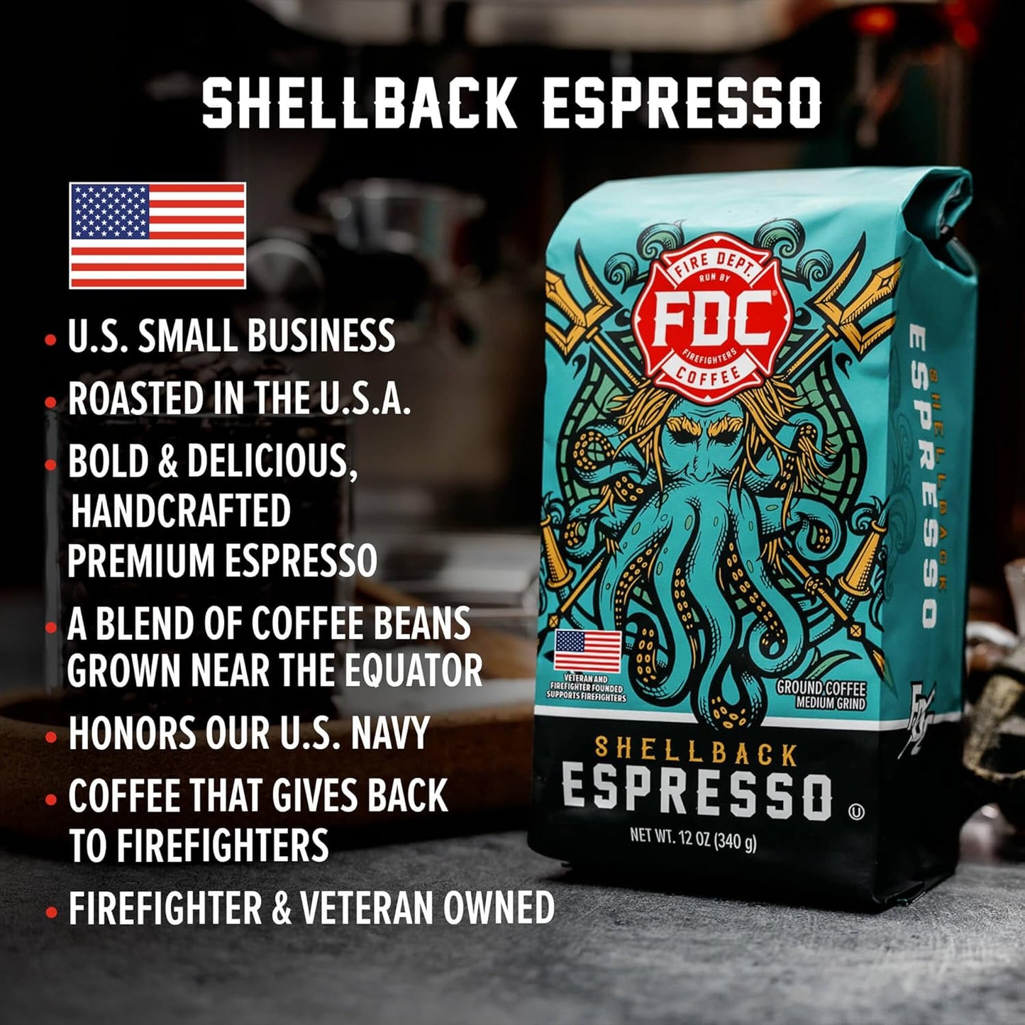 Fire Department Coffee - Gives Back to Firefighters - Bold & Smooth Shellback Espresso Coffee Beans - Roasted in the USA - Veteran Owned - 12 oz
