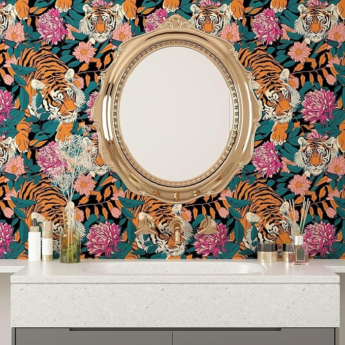 BOKEBEVE Tiger Wallpaper Peel and Stick Vintage Floral Contact Paper Retro Boho - Image 3
