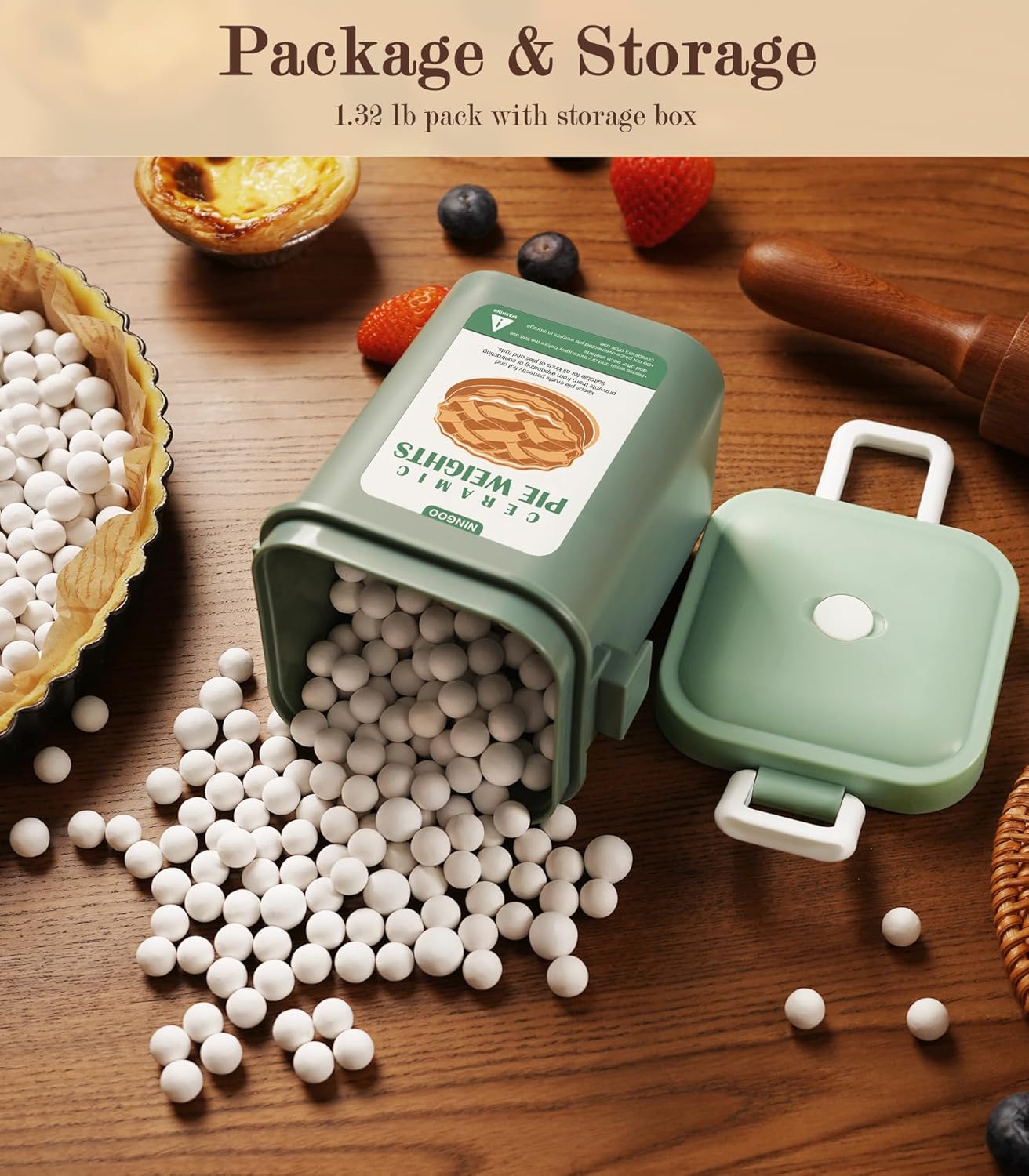 NINGOO Pie Weights for Baking Crust, 1.3LB Reusable Ceramic Pie Beans with Storage Box, Blind Bake Pie Weights, Pie Crust Weights, Pastry Tools for Baking