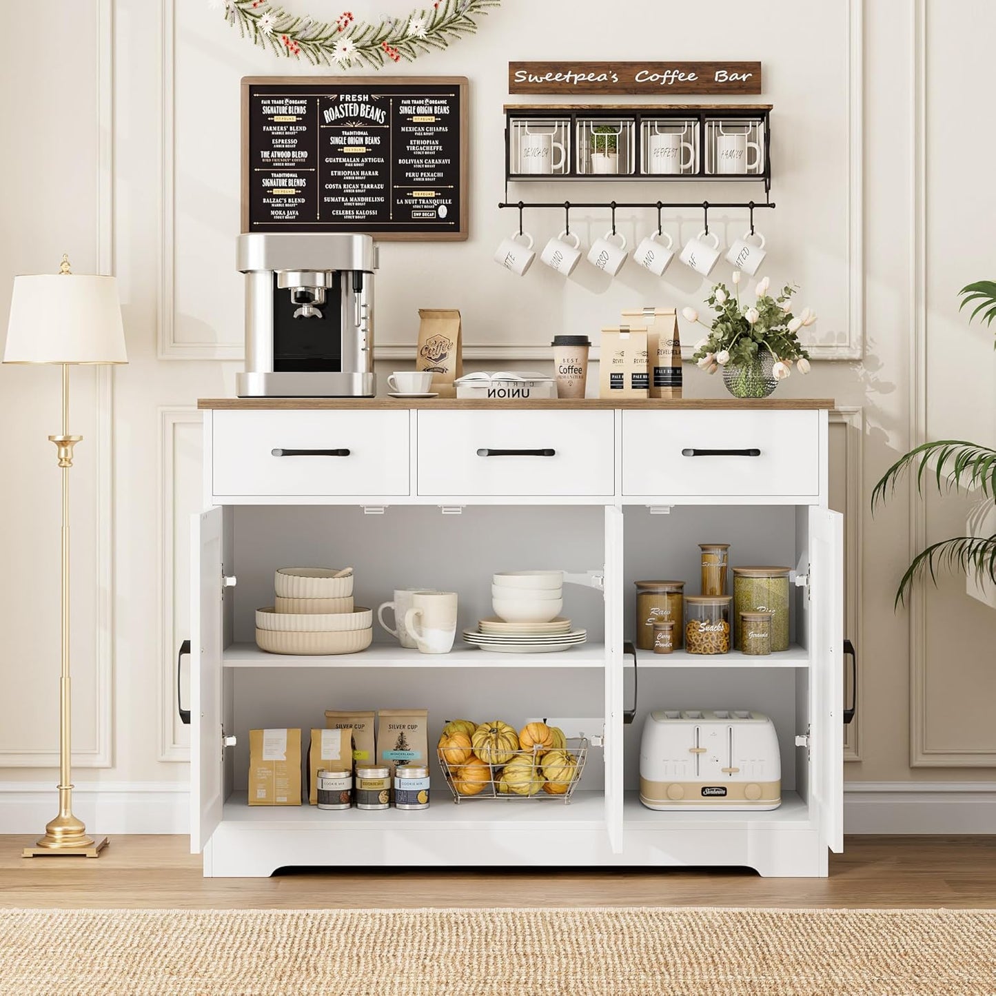 HOSTACK Modern Farmhouse Sideboard Buffet Cabinet, Barn Doors Buffet Storage Cabinet with Drawers and Shelves, Wood Coffee Bar with Storage for Kitchen, Dining Room, Living Room, White