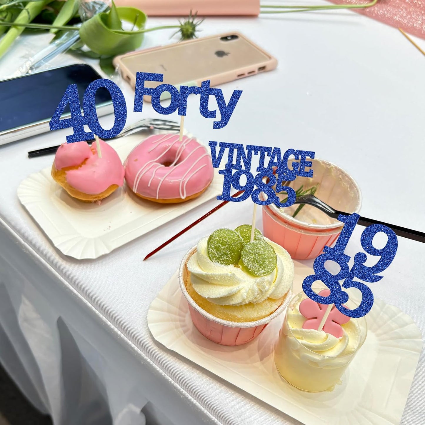Gyufise 24Pcs Vintage 1985 Cupcake Toppers Glitter Cheers to 40 Fabulous Forty Cupcake Picks 40th Birthday Wedding Anniversary Party Cake Decorations Supplies Deep Blue