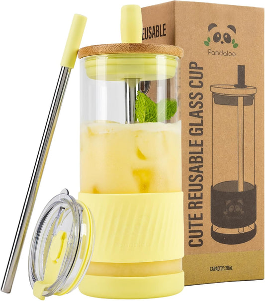Pandaloo® Glass Cups With Lids and Straws -20 Fl Oz- Perfect Size Iced Coffee Cup - Smoothie Cup With Bamboo Lid and On the go Lid (Sunny Lime, 1 Count (Pack of 1)