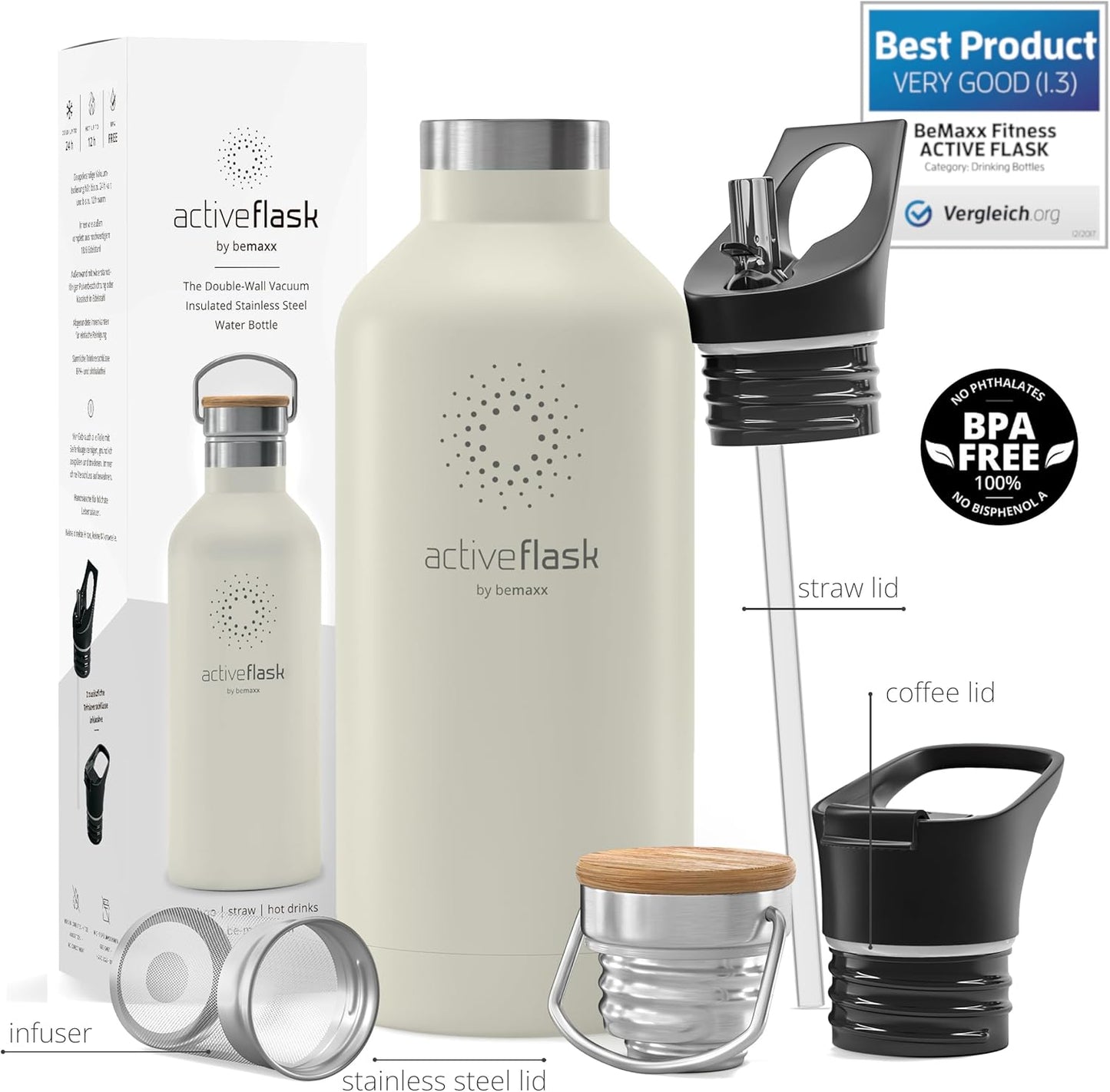 Stainless Steel Water Bottle with Straw, Infuser & 3 Lids: 18/32 OZ Leak-Proof Vacuum Insulated ACTIVE FLASK Drinking Bottles Hot Cold: Double Walled Outdoor Drink Thermo Mug Tea Coffee Sport Gym Bike