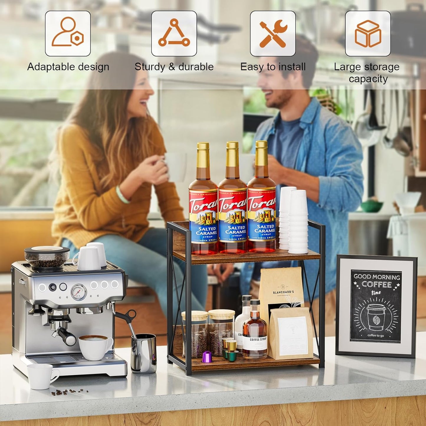 Giikin Kitchen Counter Shelf, Kitchen Countertop Organizer, 2 Tier Spice Rack for Counter, Wood Coffee Bar Organizer for Coffee Station (Brown, L)