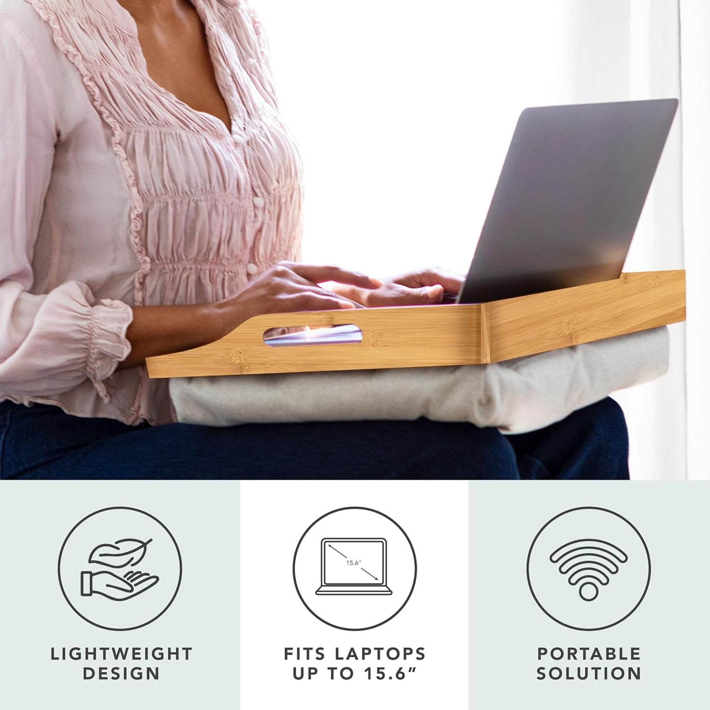 ROSSIE HOME Bamboo Wood Bed Tray, Lap Desk - Set of Two - with Hyacinth Storage Basket - Natural - Fits up to 15.6 Inch Laptops - Style No. 70107