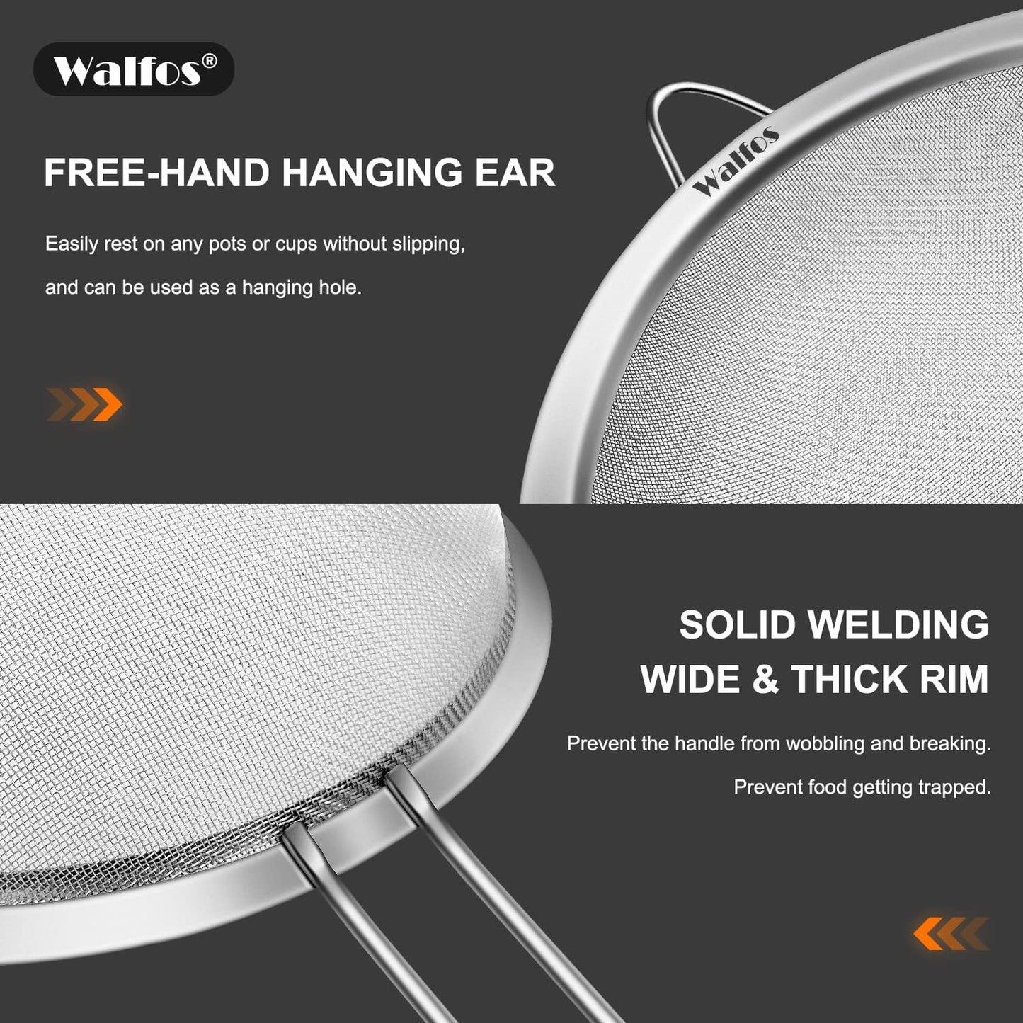 Walfos Extra Fine Mesh Strainer Set of 4-9.5", 7", 4.7", 2.8", Stainless Steel 30 Mesh Sieve with Sturdy Handle, Kitchen Food Strainers Sifters for Quinoa, Pasta, Fruits, Vegetables, Rice, Tea