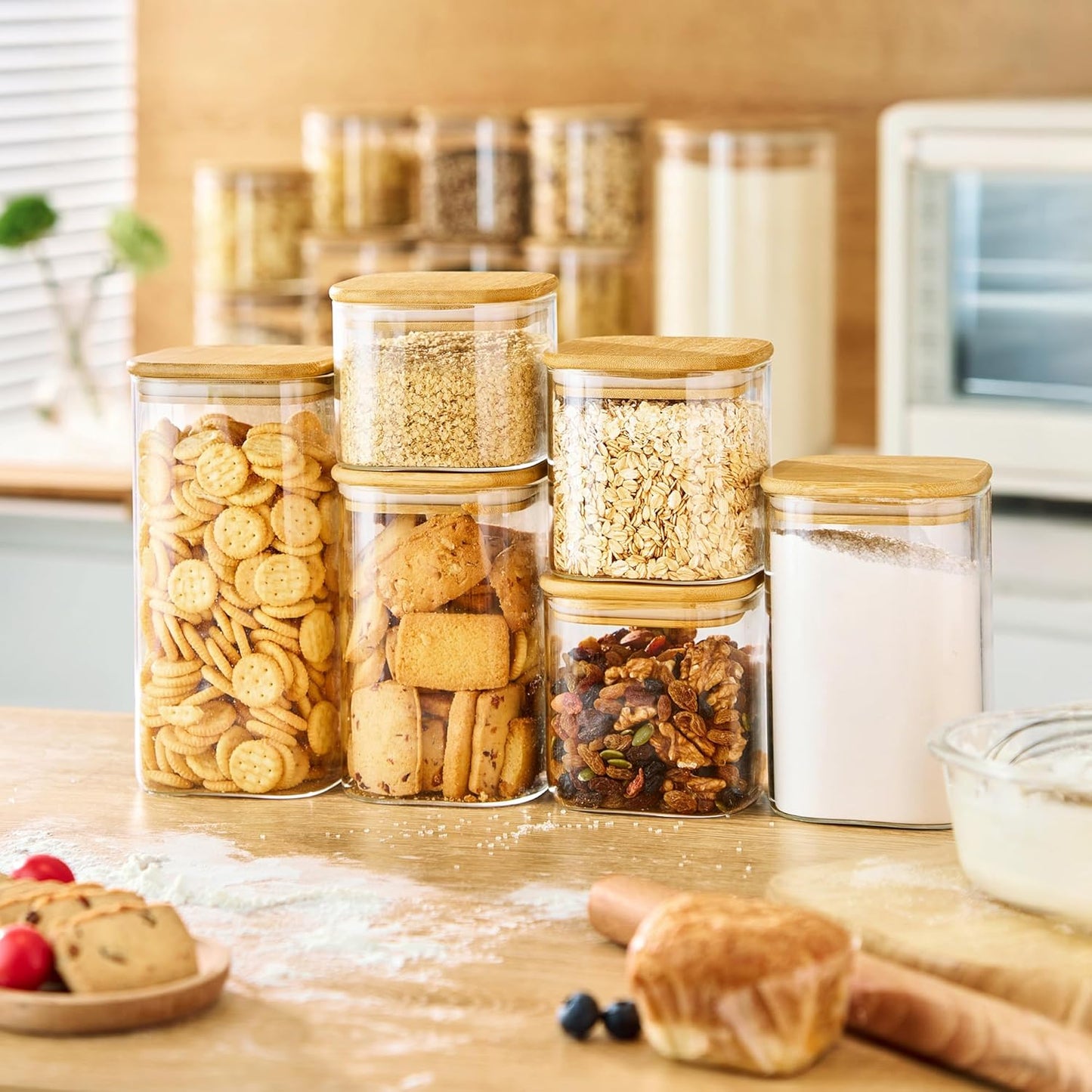 57oz - 3 Pack Square Glass Jars with Bamboo Lids, Glass Food Storage Containers with Airtight Lids for Kitchen, Air Tight Pantry Storage Containers for Cereal, Pasta, Rice, Sugar, Coffee, Spice