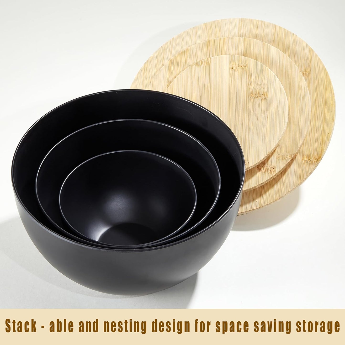 JOYMAY Salad Bowls, Mixing Bowl Salad Bowl Set, Natural Bamboo Fiber Serving Bowl Set of 3 with Bamboo Wood Lid, Nesting Bowls for Salads,Pastas(Black,10",8",6")