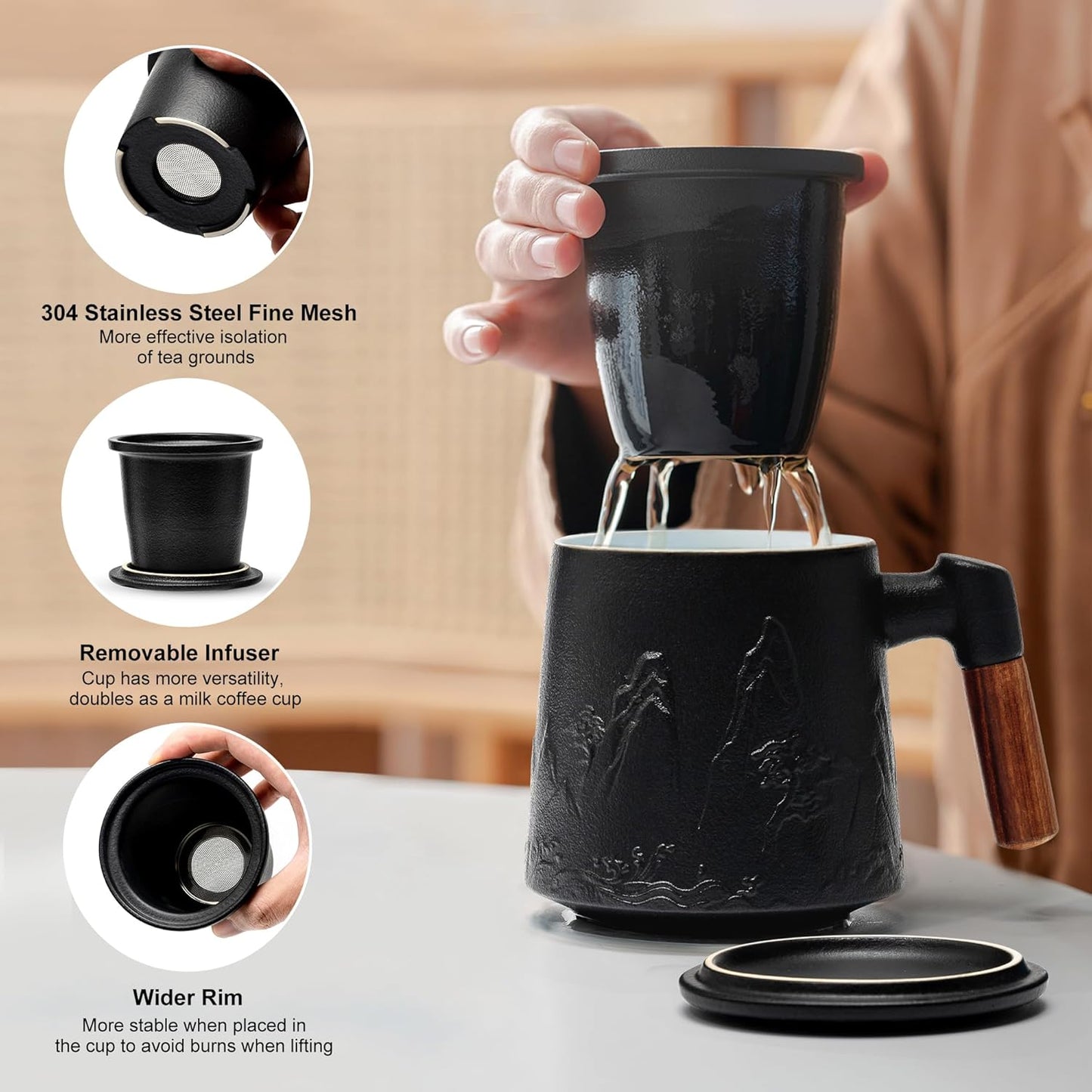 suyika Ceramic Tea Cup with Infuser and Lid, Gradient Embossed Large Tea Mug Wooden Handle for Steeping Loose Leaf, Tea Lover Gifts 15.2 oz / 450 ml,Matte Black