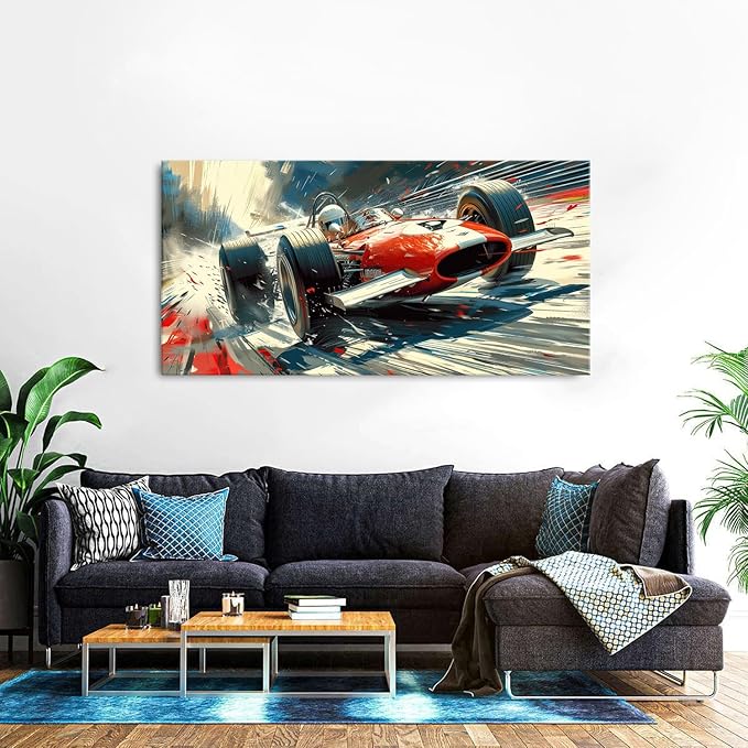Vintage Formula Race Car Wall Art Abstract Racing Car Canvas Painting Retro - Image 3