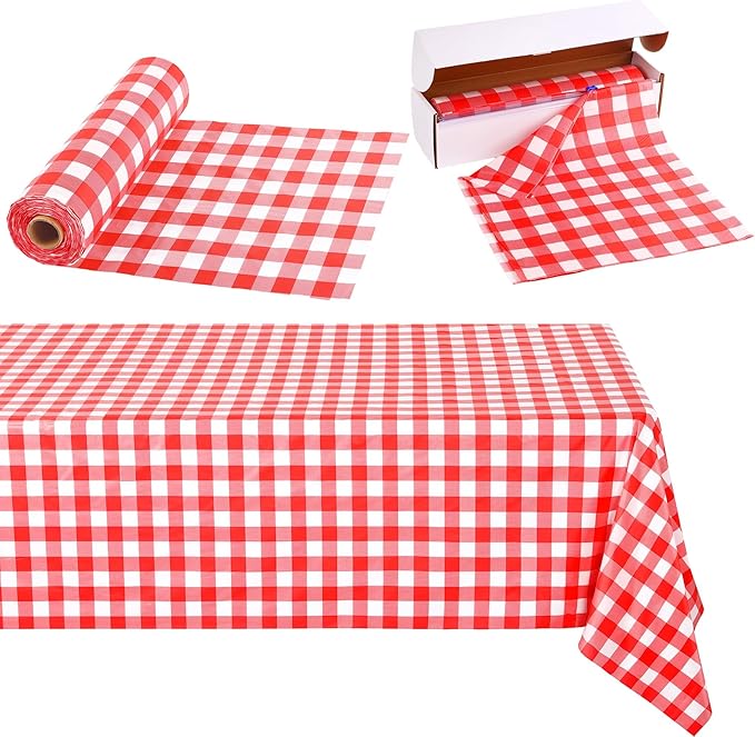 Kochorie 54 Inch x 100 Ft Red Checkered Plastic Table Cloth Roll Disposable by Kochorie