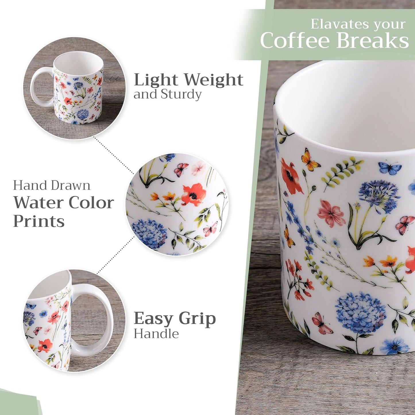 Maison d' Hermine Coffee Mug with Handles Fine Bone China Mugs Pack of One Tea Cups for Hot Beverages Cappuccino Latte Home Restaurant Office Perfect for Gift (Just Floral - Blues 'N Redz, 15 Ounce)