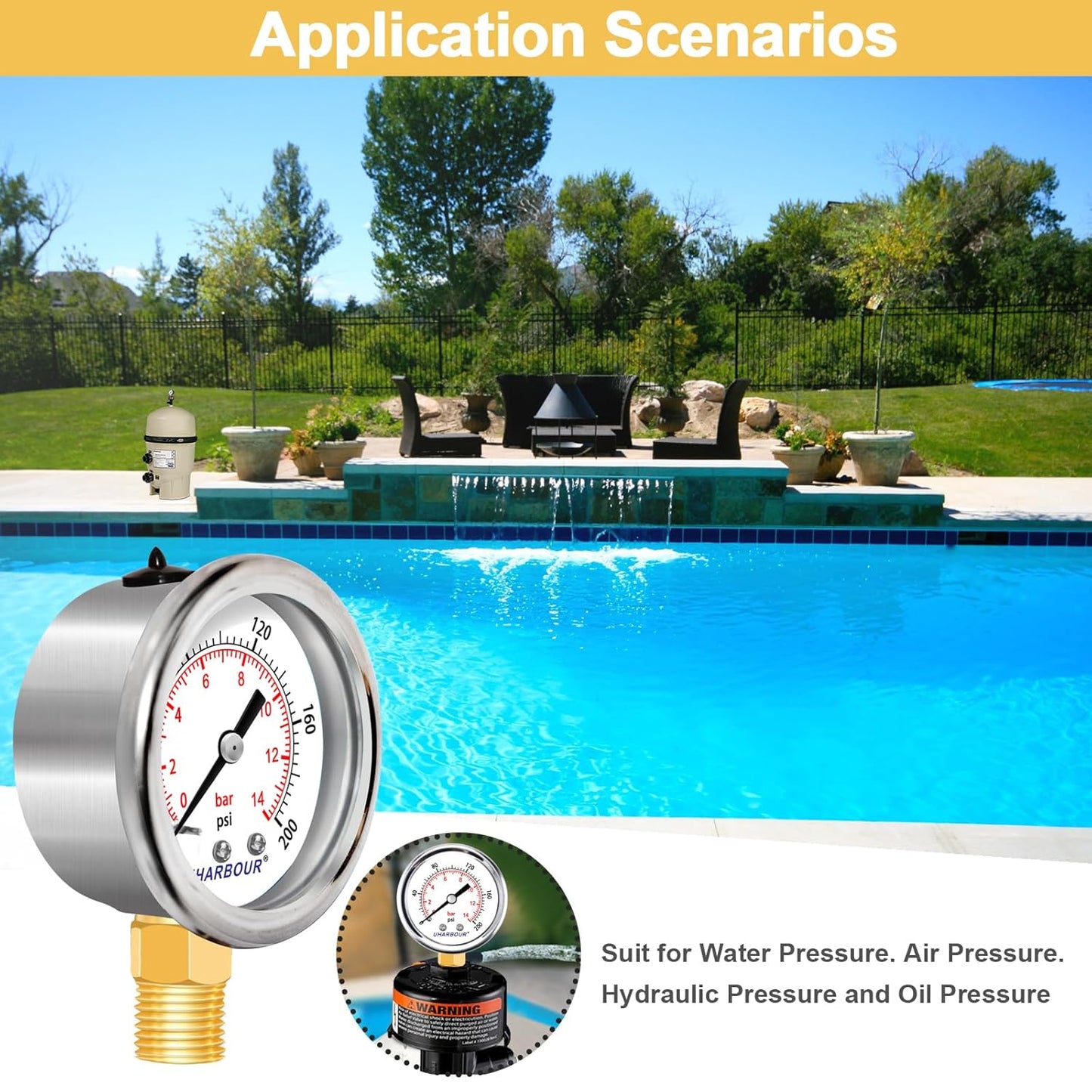 Lead-Free Pressure Gauge 1/4 NPT 0-200 Psi 2" Dial Stainless Steel Case, 1/4 NPT Lower Mount Pressure Gauge