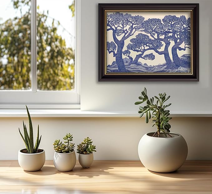 Vintage Gold Framed Wall Art Oak Tree Forest Painting Canvas Prints Blue - Image 7