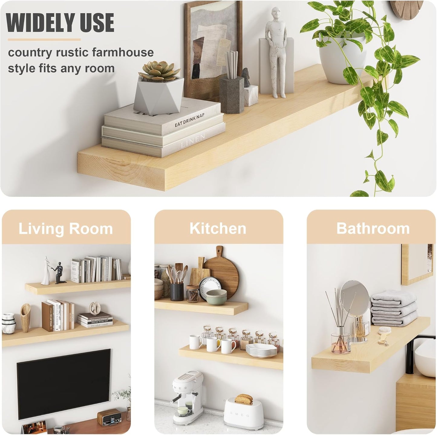 Floating Shelves for Wall, USA-Sourced Maple Wood 48 Inch Long Wall Shelves, Natural Wooden Mounted Picture Ledge Shelf, Nursery Book Storage Shelf Kids Bookshelf, Display Shelf for Bathroom